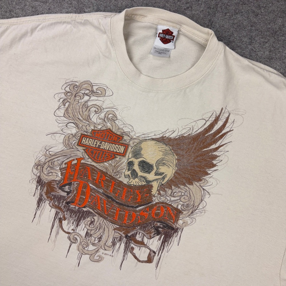 Harley Davidson T Shirt Mens 3XL Off White 2011 Skull Wing Hughesville Maryland
